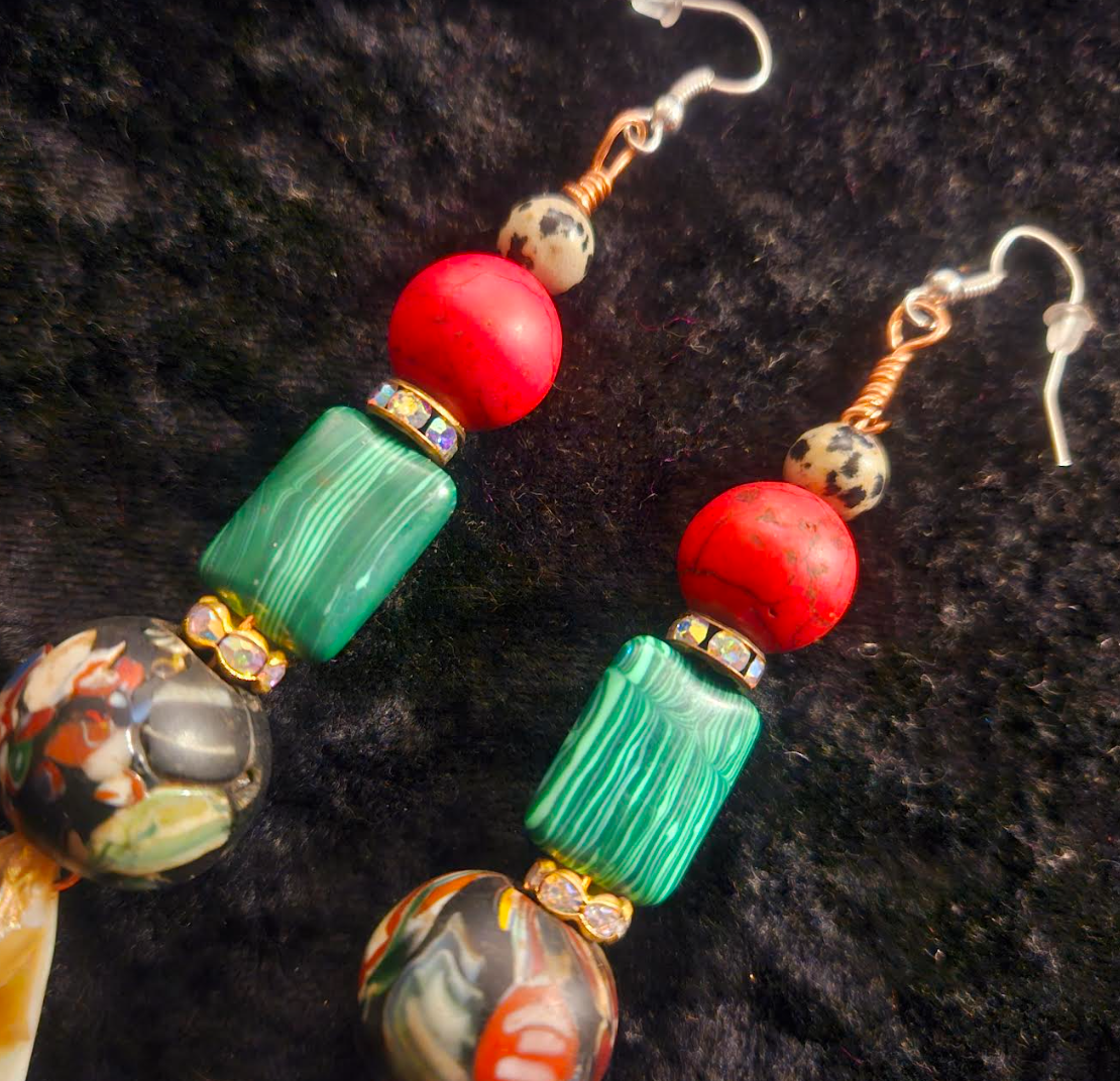 Red Green Cream and Blue Dangle Drop Pierced Earrings - Mixed Media Shoulder Duster Earrings - Jeans Jewelry - Kat Kouture Designs