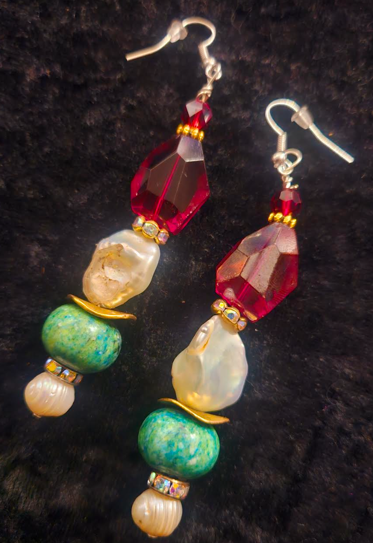 Chrysocolla Pearl and Red Crystal Drop Pierced Earrings - Red White & Green Mixed Media Dangle Earrings - OOAK Wearable Art Ear Candy - Kat Kouture Jewelry