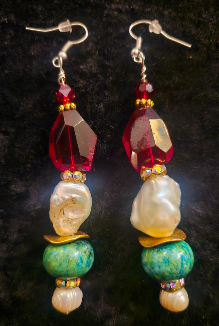 Chrysocolla Pearl and Red Crystal Drop Pierced Earrings - Red White & Green Mixed Media Dangle Earrings - OOAK Wearable Art Ear Candy - Kat Kouture Jewelry