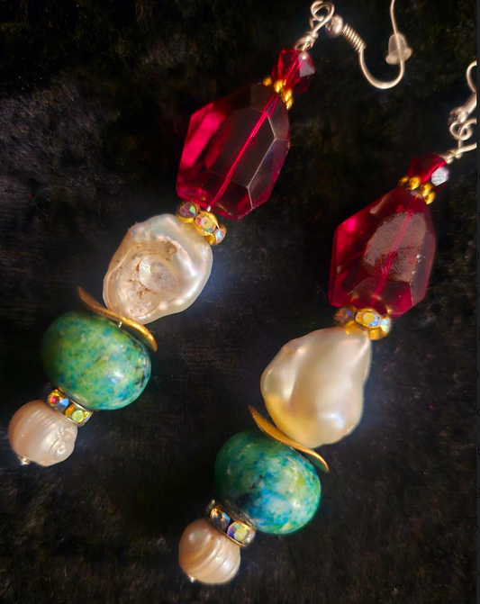 Chrysocolla Pearl and Red Crystal Drop Pierced Earrings - Red White & Green Mixed Media Dangle Earrings - OOAK Wearable Art Ear Candy - Kat Kouture Jewelry