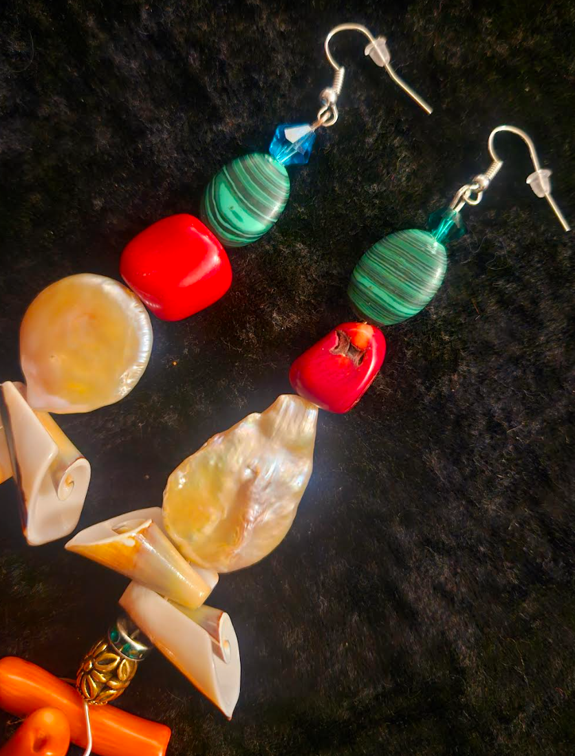 Branch Coral Shell Freshwater Pearl & Gemstone Long Pierced Earrings - Cruise Accessory - Couture Ear Candy - Kat Kouture Jewelry