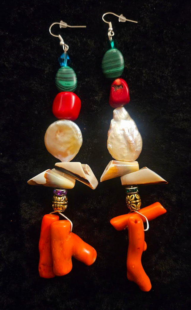 Branch Coral Shell Freshwater Pearl & Gemstone Long Pierced Earrings - Cruise Accessory - Couture Ear Candy - Kat Kouture Jewelry