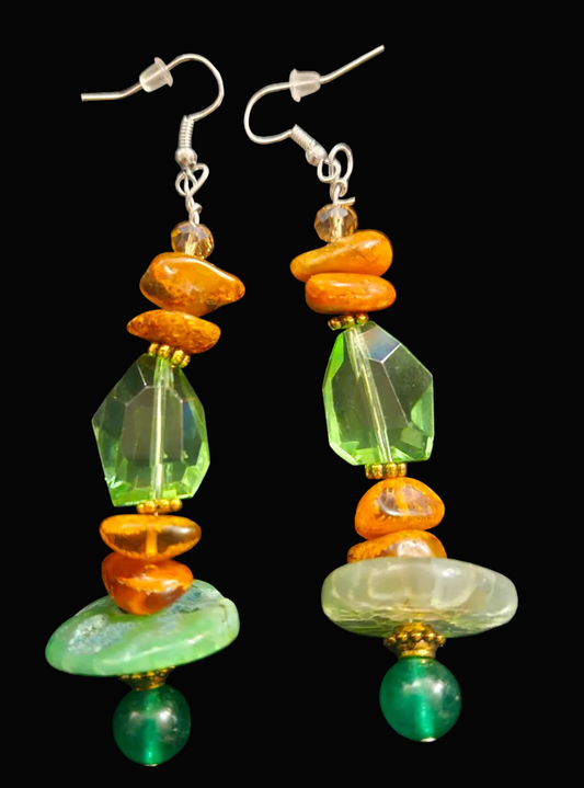 Amber, Agate and Crystal Pierced Earrings - Dangle Style