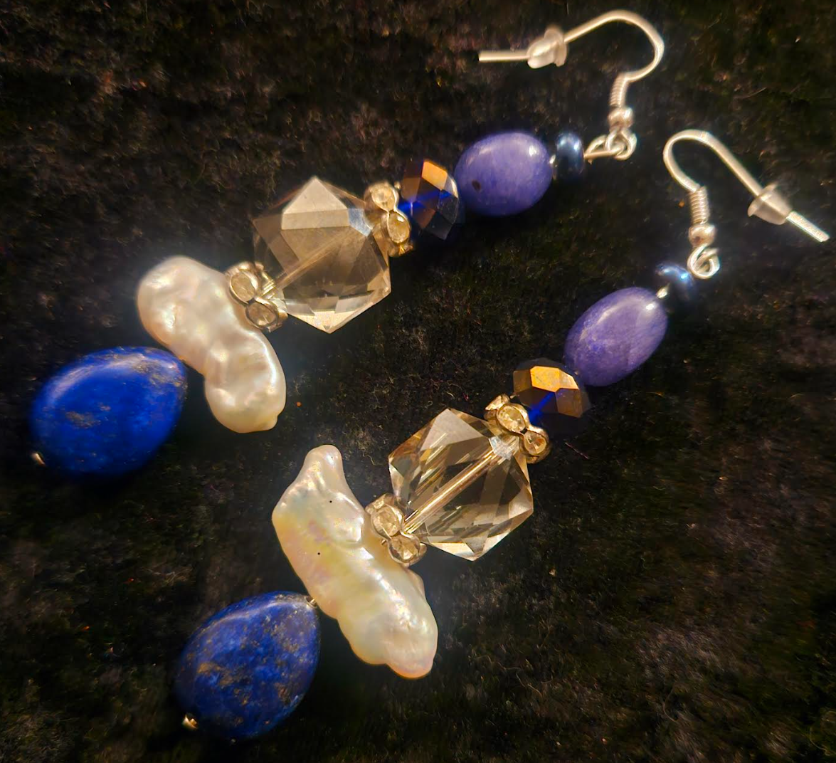 Lapis Lazuli Freshwater Pearl and Crystal Drop Pierced Earrings - Blue White & Purple Mixed Gemstone Ear Candy - Kat Kouture Jewelry