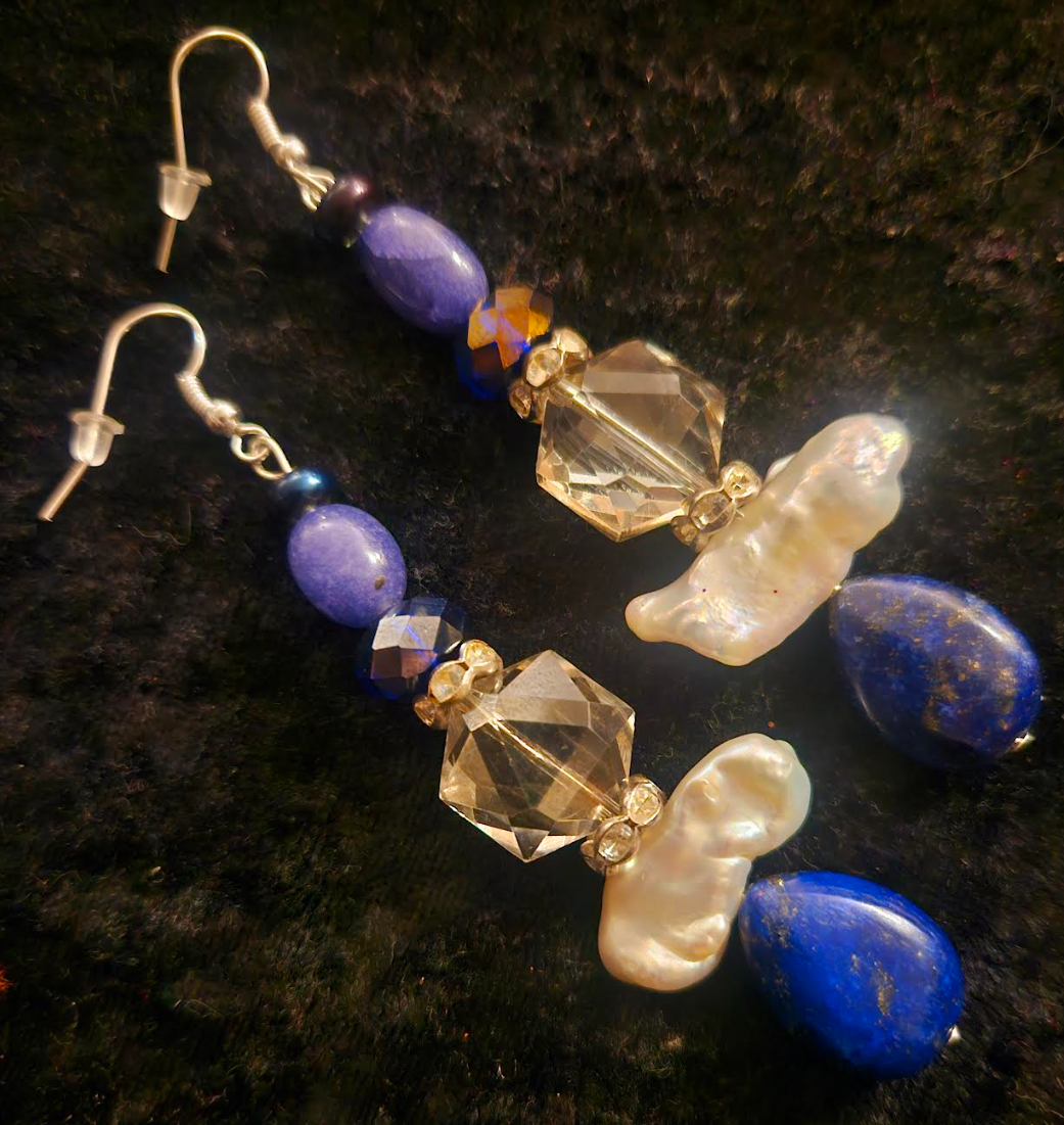 Lapis Lazuli Freshwater Pearl and Crystal Drop Pierced Earrings - Blue White & Purple Mixed Gemstone Ear Candy - Kat Kouture Jewelry