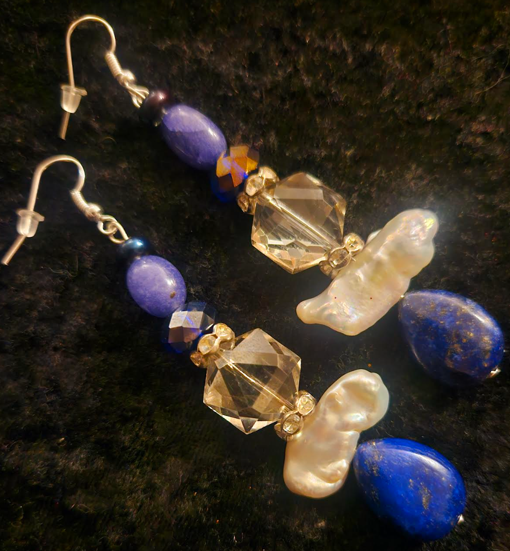 Lapis Lazuli Freshwater Pearl and Crystal Drop Pierced Earrings - Blue White & Purple Mixed Gemstone Ear Candy - Kat Kouture Jewelry