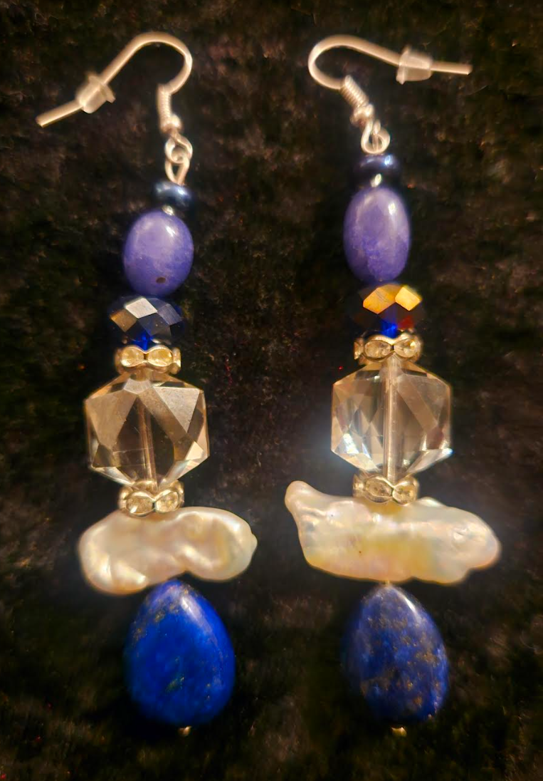 Lapis Lazuli Freshwater Pearl and Crystal Drop Pierced Earrings - Blue White & Purple Mixed Gemstone Ear Candy - Kat Kouture Jewelry