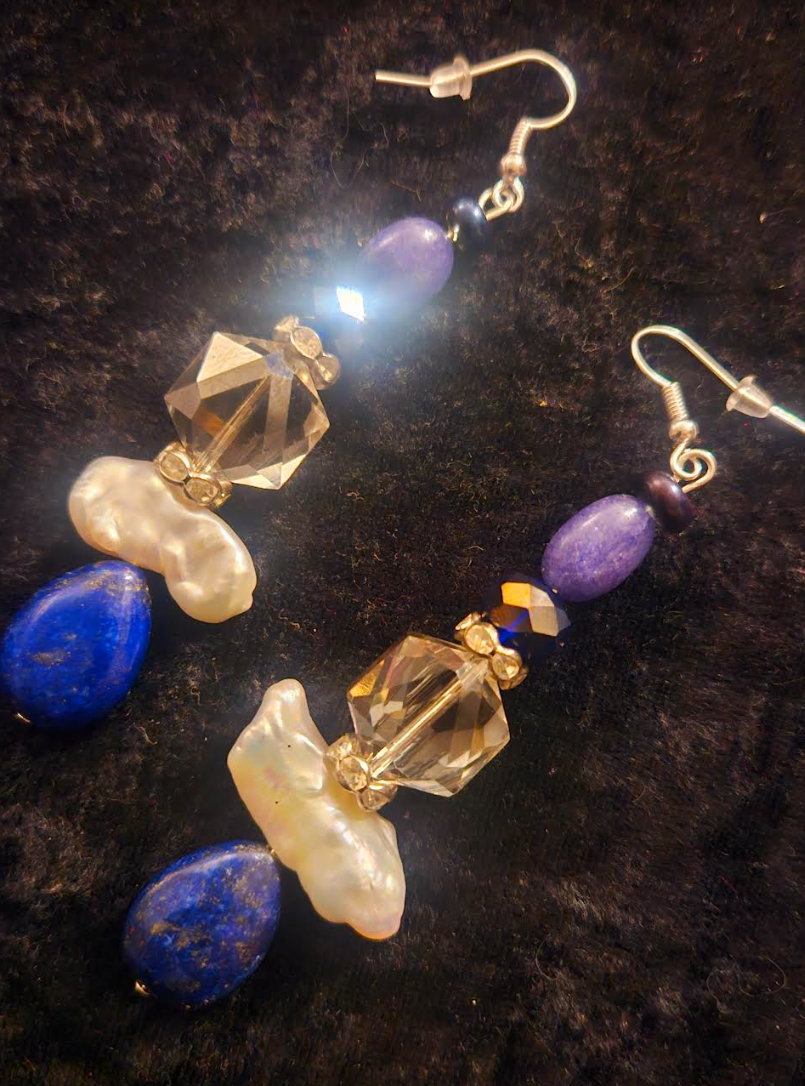 Lapis Lazuli Freshwater Pearl and Crystal Drop Pierced Earrings - Blue White & Purple Mixed Gemstone Ear Candy - Kat Kouture Jewelry