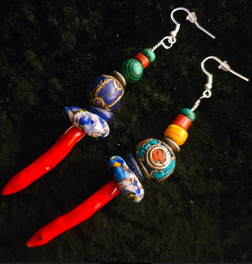 Red Branch Coral & Mixed Tribal Bead Long Pierced Earrings - African Tibetan Shoulder Dusters - Kat Kouture Jewelry