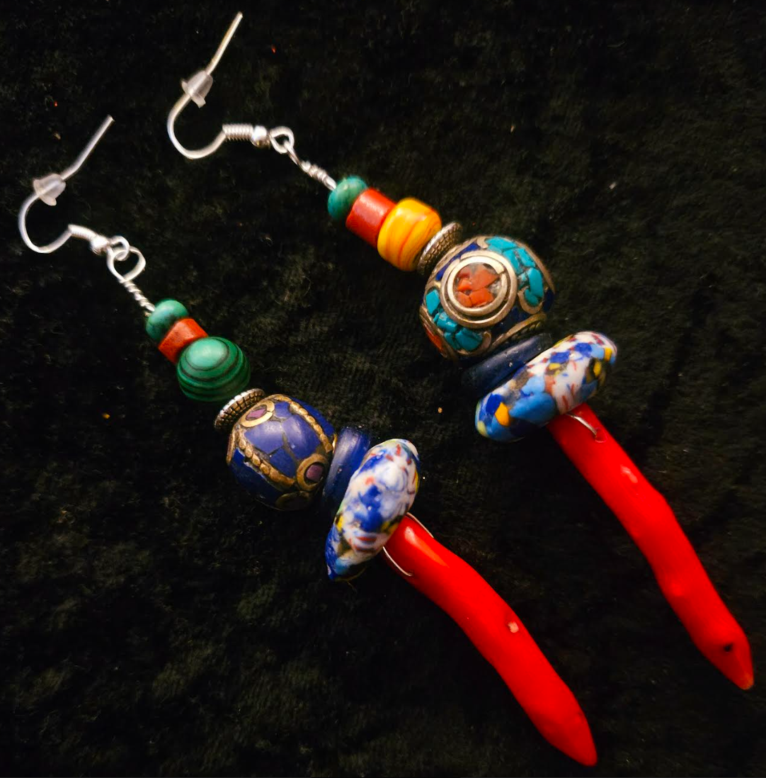 Red Branch Coral & Mixed Tribal Bead Long Pierced Earrings - African Tibetan Shoulder Dusters - Kat Kouture Jewelry