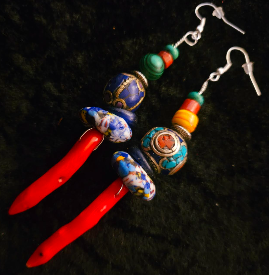 Red Branch Coral & Mixed Tribal Bead Long Pierced Earrings - African Tibetan Shoulder Dusters - Kat Kouture Jewelry