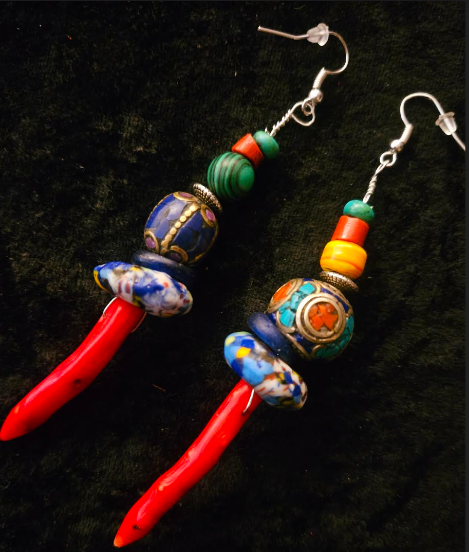 Red Branch Coral & Mixed Tribal Bead Long Pierced Earrings - African Tibetan Shoulder Dusters - Kat Kouture Jewelry