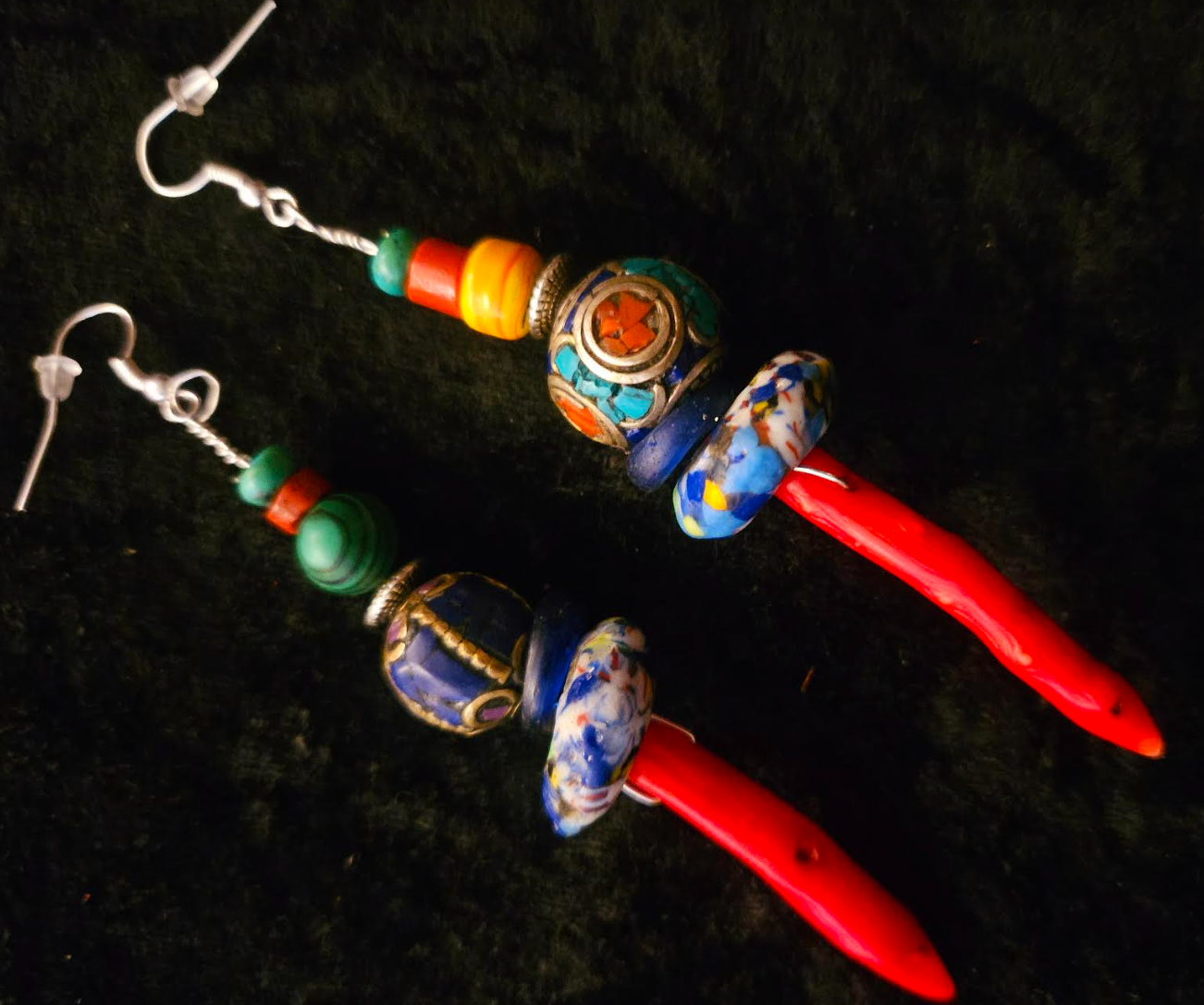 Red Branch Coral & Mixed Tribal Bead Long Pierced Earrings - African Tibetan Shoulder Dusters - Kat Kouture Jewelry