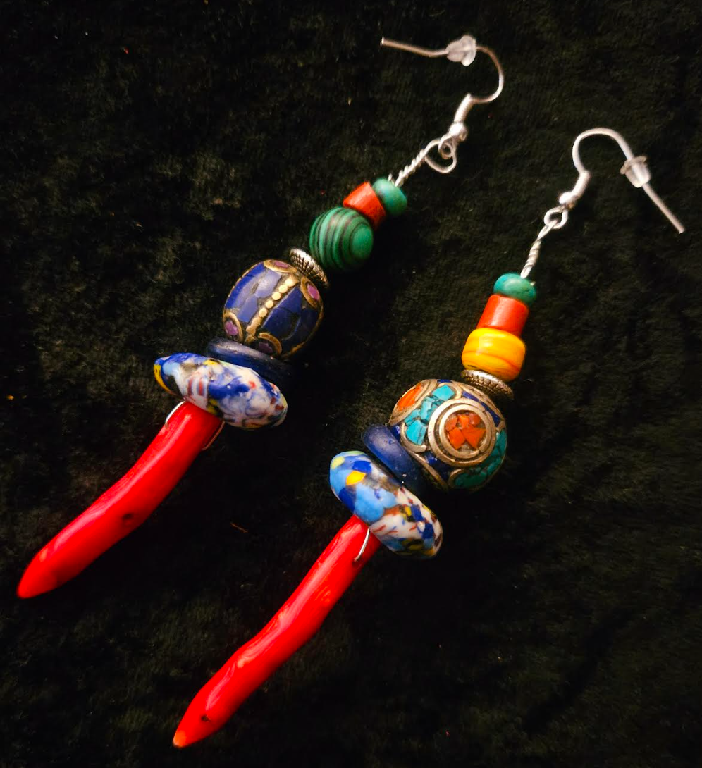 Red Branch Coral & Mixed Tribal Bead Long Pierced Earrings - African Tibetan Shoulder Dusters - Kat Kouture Jewelry