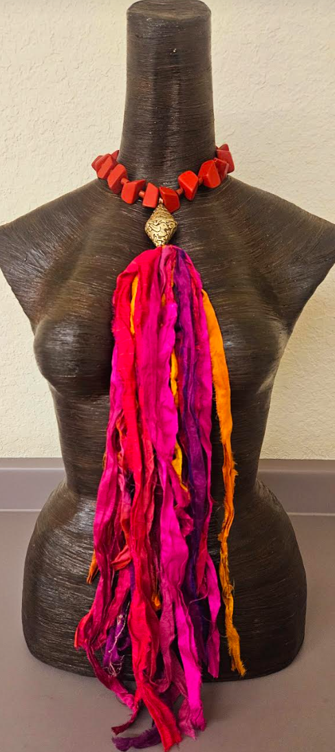 Distressed Sari Silk Ribbon Beaded Chest Piece  - Textile and Wood Statement Pendant Necklace - Plum Purple and Pink Bib - Kat Kouture Jewelry