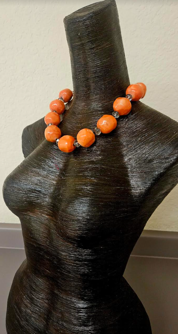 Bold Chunky & Heavy Orange Round Coral Beaded Statement Necklace - Haute Couture Coral Layering Neck Candy - Kat Kouture Jewelry