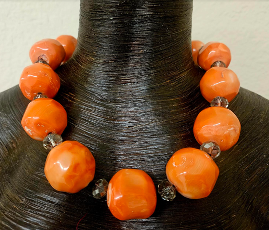 Bold Chunky & Heavy Orange Round Coral Beaded Statement Necklace - Haute Couture Coral Layering Neck Candy - Kat Kouture Jewelry