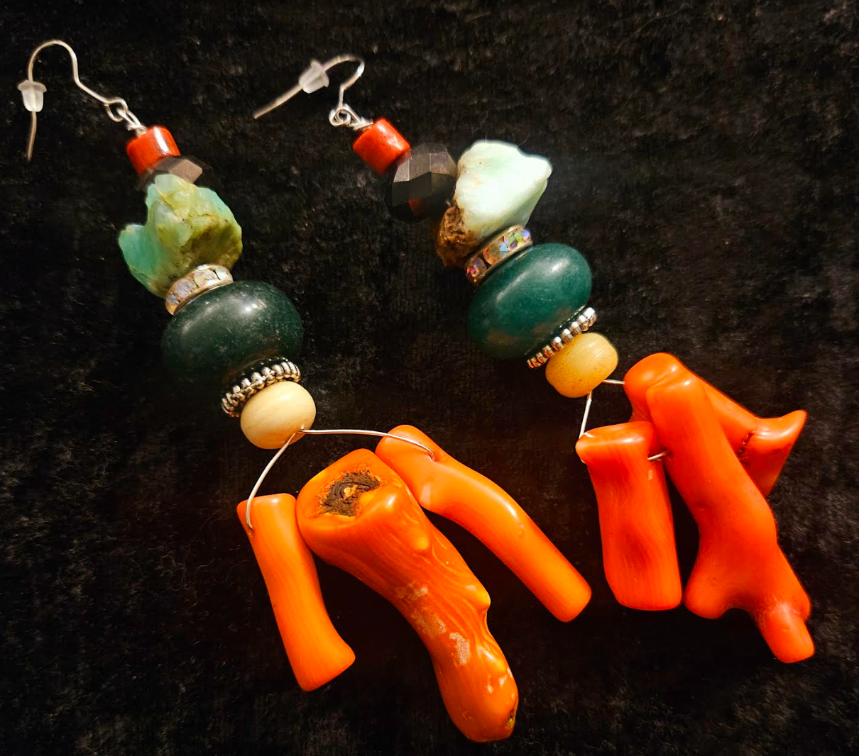 Orange Branch Coral and Gemstone Long Pierced Earrings - Shoulder Duster Shell & Stone Earrings - Orange and Green Dangle Earrings - Kat Kouture