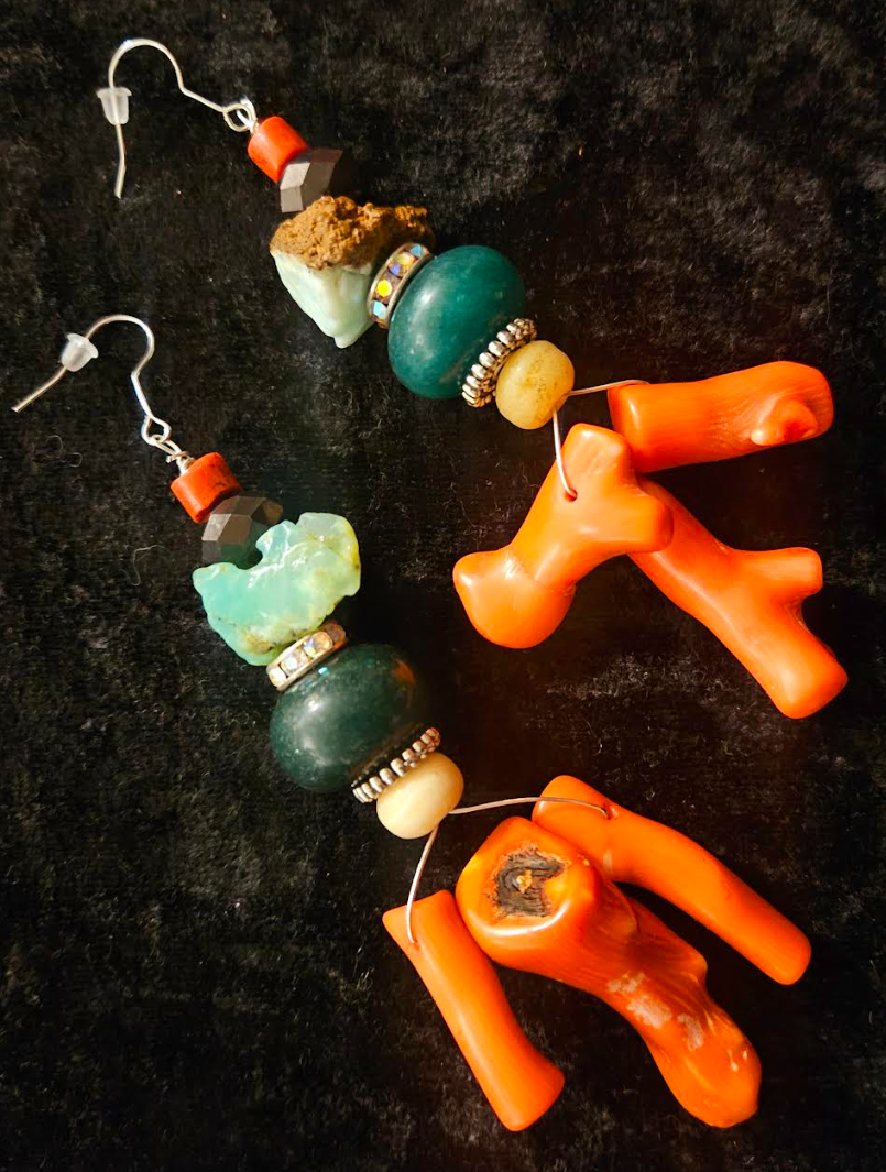 Orange Branch Coral and Gemstone Long Pierced Earrings - Shoulder Duster Shell & Stone Earrings - Orange and Green Dangle Earrings - Kat Kouture