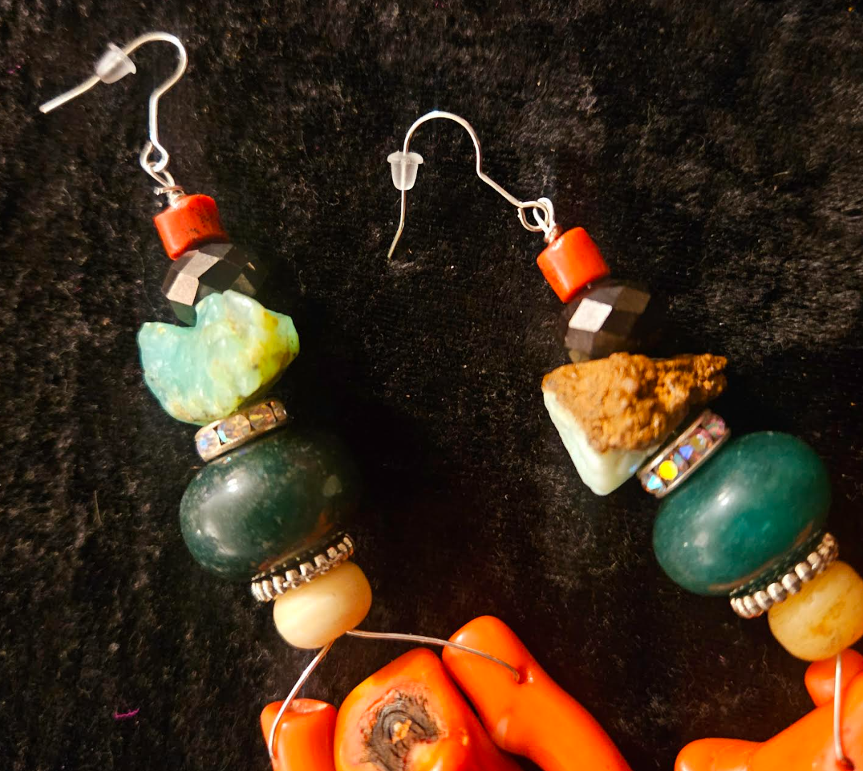 Orange Branch Coral and Gemstone Long Pierced Earrings - Shoulder Duster Shell & Stone Earrings - Orange and Green Dangle Earrings - Kat Kouture