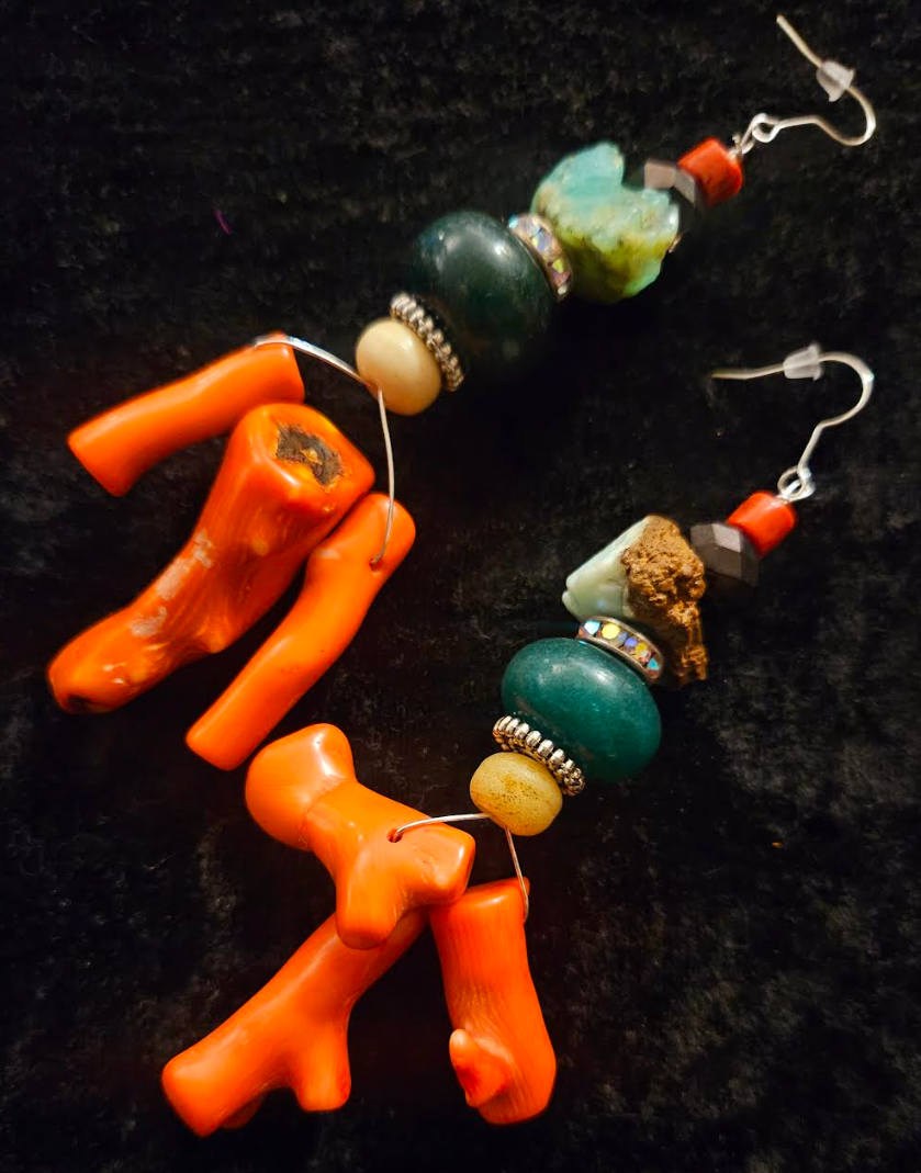 Orange Branch Coral and Gemstone Long Pierced Earrings - Shoulder Duster Shell & Stone Earrings - Orange and Green Dangle Earrings - Kat Kouture