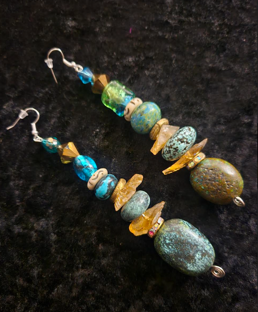 Hubei Turquoise and Gemstone Long Drop Pierced Earrings - Blue Gold and Green Mixed Media Shoulder Dusters - Cowgirl Jewelry - Kat Kouture Designs