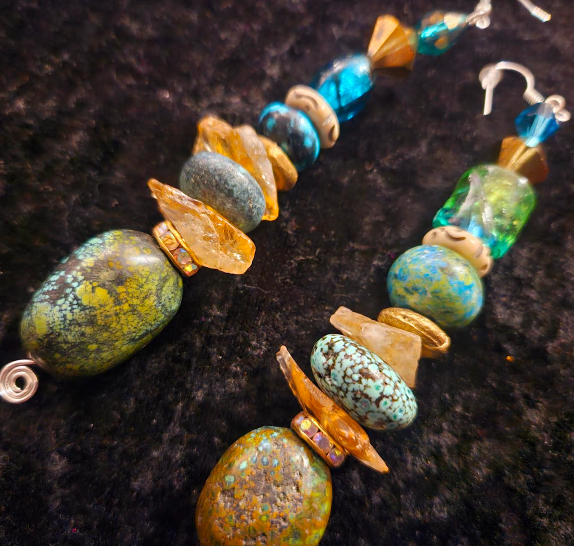 Hubei Turquoise and Gemstone Long Drop Pierced Earrings - Blue Gold and Green Mixed Media Shoulder Dusters - Cowgirl Jewelry - Kat Kouture Designs