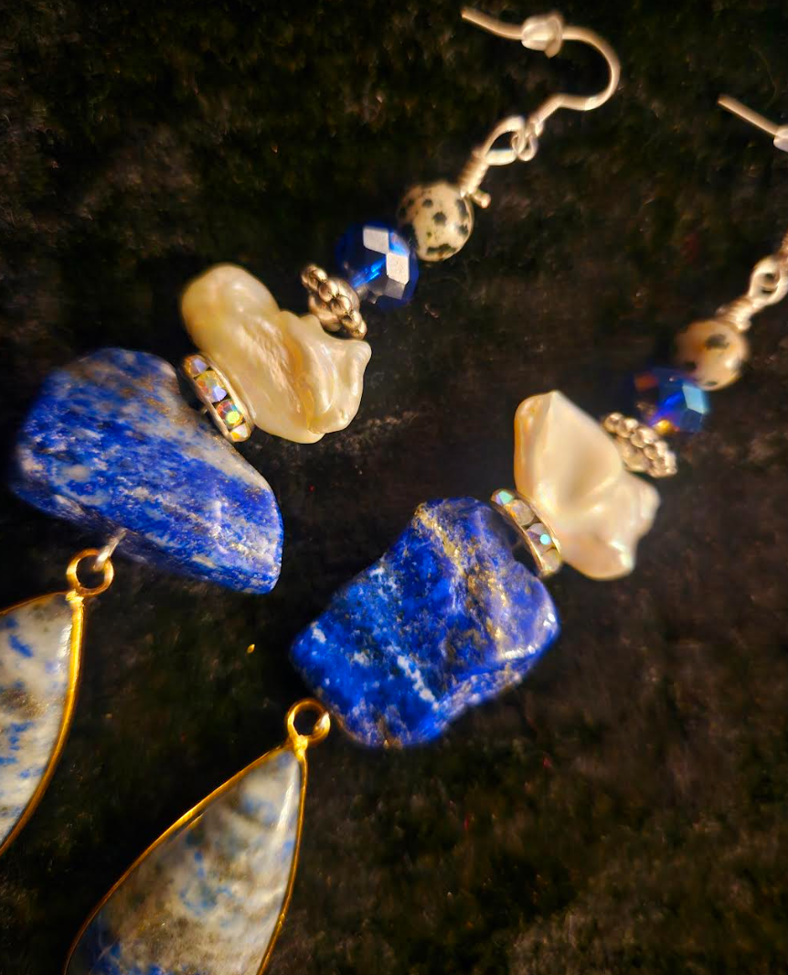 Lapis Lazuli and Freshwater Pearl Shoulder Dusters - Exotic Blue & White Gemstone and Shell Pierced Earrings - Kat Kouture Jewelry