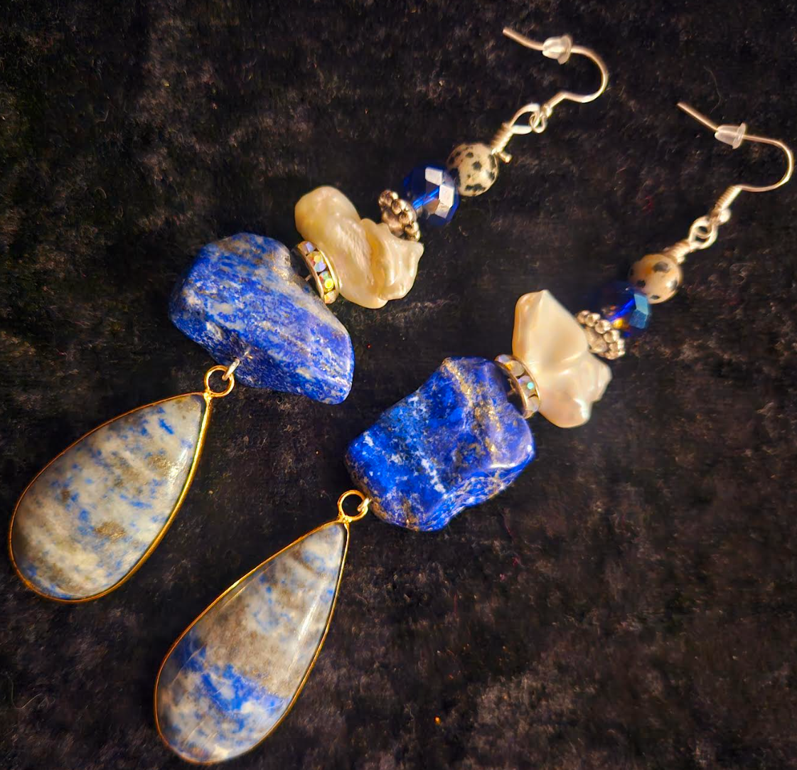 Lapis Lazuli and Freshwater Pearl Shoulder Dusters - Exotic Blue & White Gemstone and Shell Pierced Earrings - Kat Kouture Jewelry