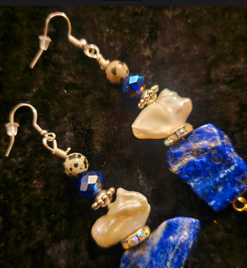 Lapis Lazuli and Freshwater Pearl Shoulder Dusters - Exotic Blue & White Gemstone and Shell Pierced Earrings - Kat Kouture Jewelry