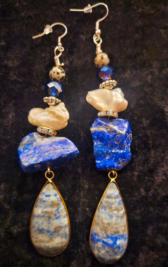 Lapis Lazuli and Freshwater Pearl Shoulder Dusters - Exotic Blue & White Gemstone and Shell Pierced Earrings - Kat Kouture Jewelry