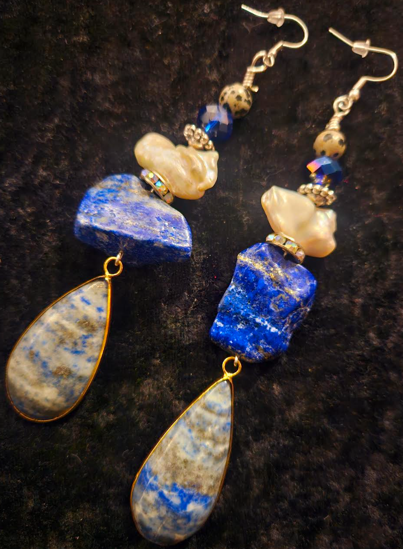 Lapis Lazuli and Freshwater Pearl Shoulder Dusters - Exotic Blue & White Gemstone and Shell Pierced Earrings - Kat Kouture Jewelry