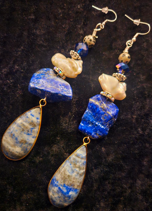 Lapis Lazuli and Freshwater Pearl Shoulder Dusters - Exotic Blue & White Gemstone and Shell Pierced Earrings - Kat Kouture Jewelry