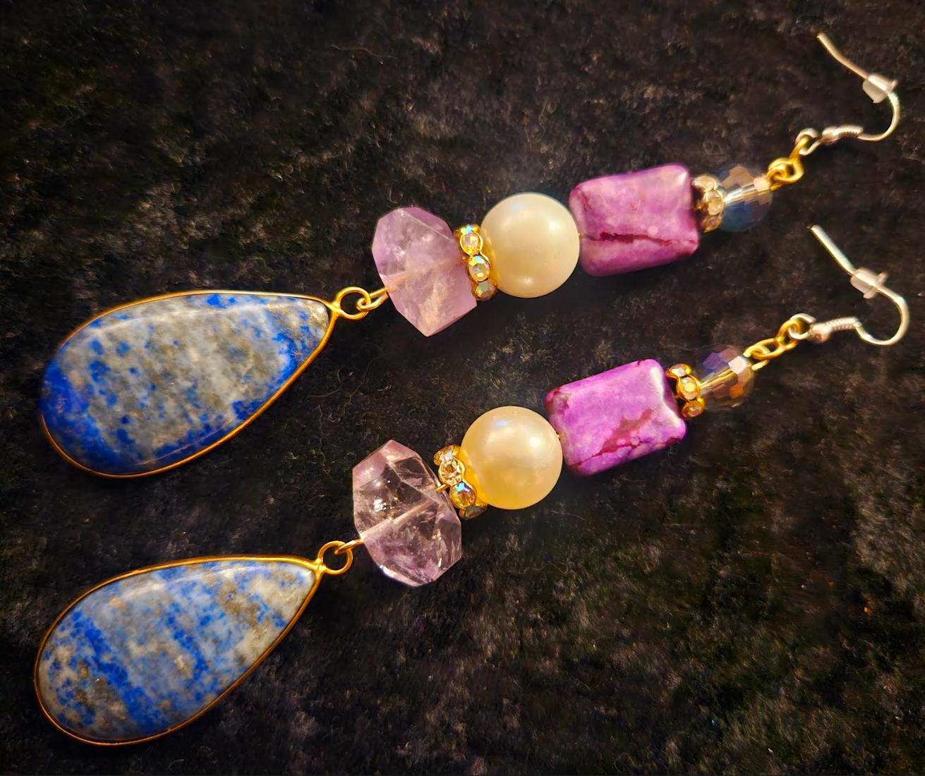 Long Lapis Lazuli and Amethyst Shoulder Duster Earrings - Blue Purple and White Dangle Pierced Earrings - Kat Kouture Jewelry