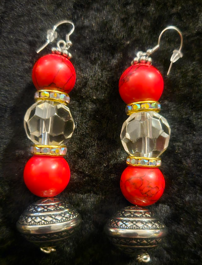 Red Magnesite Faux Crystal & Tribal Bicone Beaded Drop Pierced Earrings - Red and Silver Dangle Ear Candy - Kat Kouture Jewelry