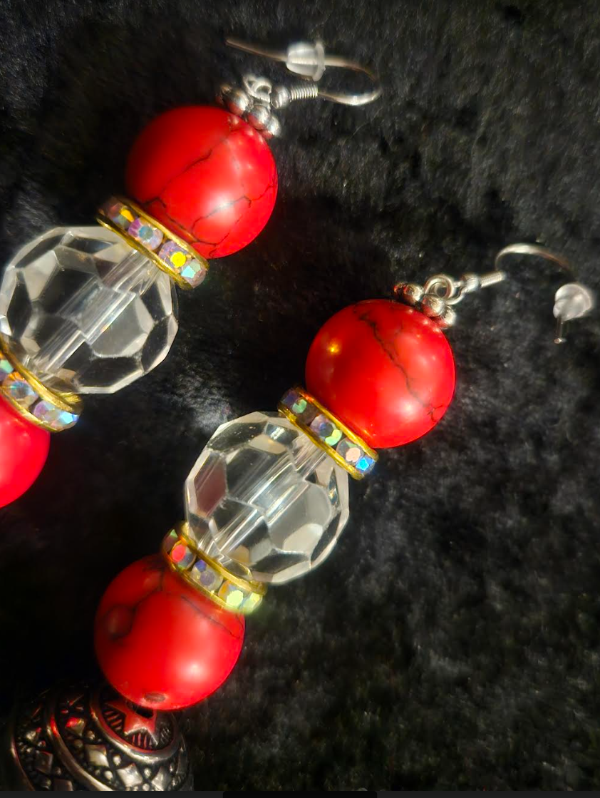 Red Magnesite Faux Crystal & Tribal Bicone Beaded Drop Pierced Earrings - Red and Silver Dangle Ear Candy - Kat Kouture Jewelry