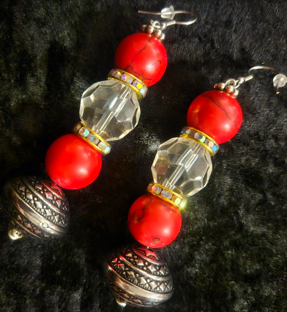 Red Magnesite Faux Crystal & Tribal Bicone Beaded Drop Pierced Earrings - Red and Silver Dangle Ear Candy - Kat Kouture Jewelry