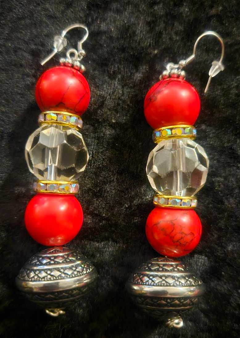 Red Magnesite Faux Crystal & Tribal Bicone Beaded Drop Pierced Earrings - Red and Silver Dangle Ear Candy - Kat Kouture Jewelry