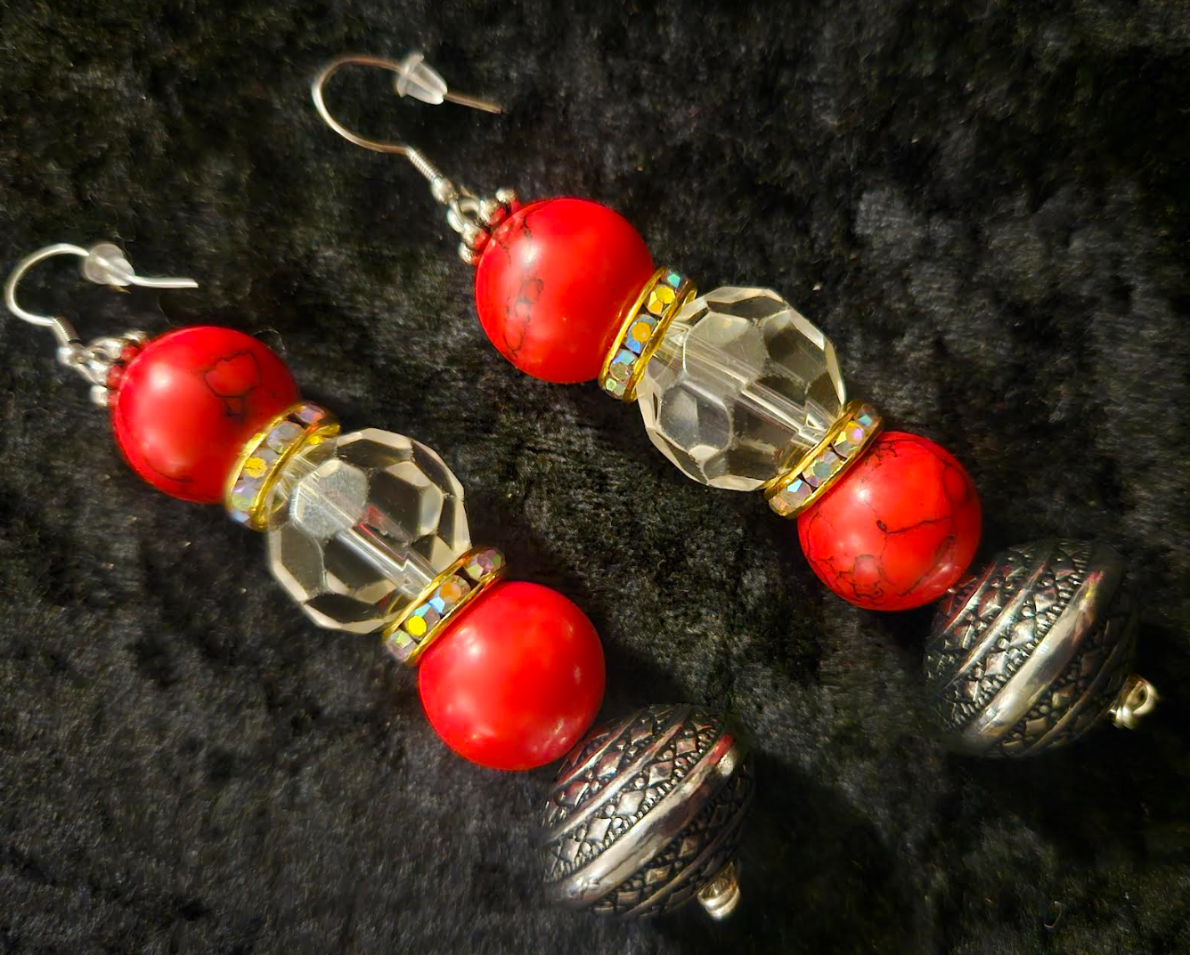 Red Magnesite Faux Crystal & Tribal Bicone Beaded Drop Pierced Earrings - Red and Silver Dangle Ear Candy - Kat Kouture Jewelry