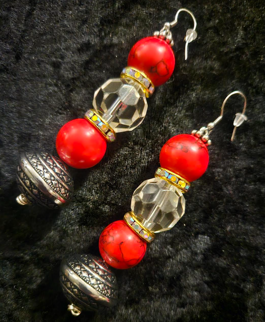 Red Magnesite Faux Crystal & Tribal Bicone Beaded Drop Pierced Earrings - Red and Silver Dangle Ear Candy - Kat Kouture Jewelry