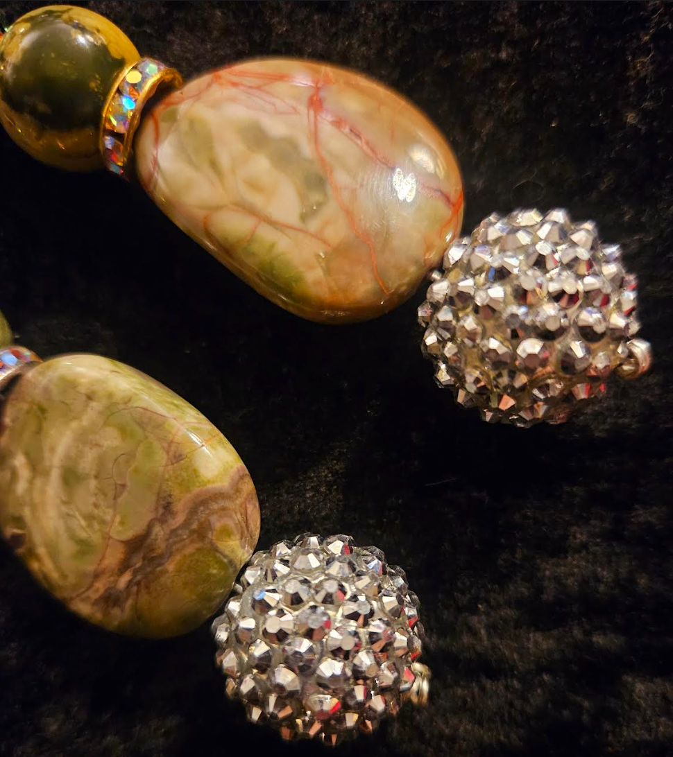 Rainforest Jasper & Faux Crystal Drop Pierced Earrings - Rhyolite Earth Tone Dangle Earrings - Kat Kouture Jewelry