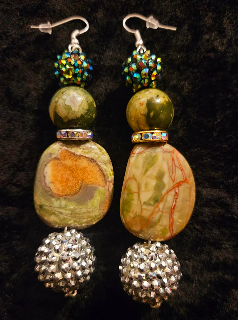 Rainforest Jasper & Faux Crystal Drop Pierced Earrings - Rhyolite Earth Tone Dangle Earrings - Kat Kouture Jewelry