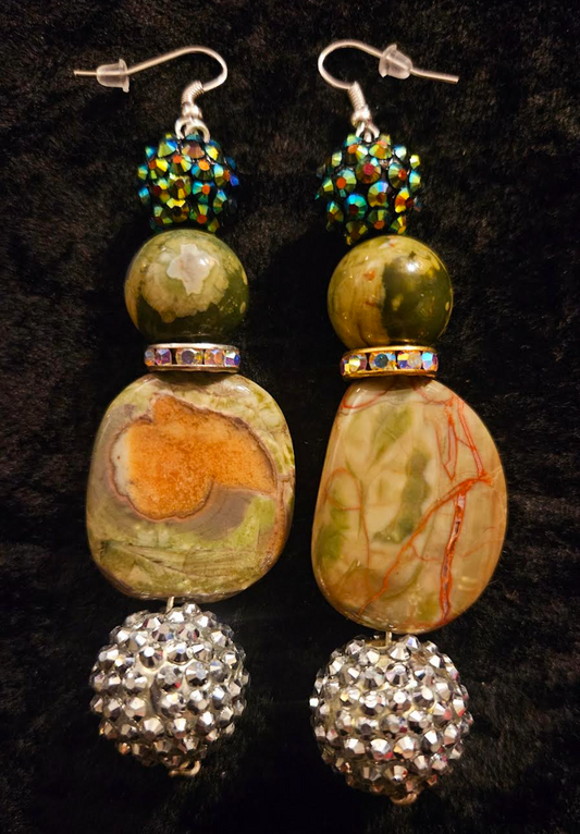 Rainforest Jasper & Faux Crystal Drop Pierced Earrings - Rhyolite Earth Tone Dangle Earrings - Kat Kouture Jewelry