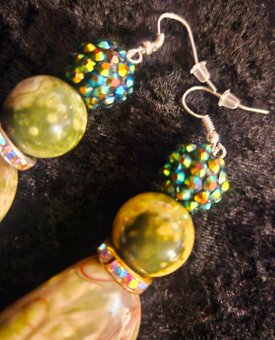 Rainforest Jasper & Faux Crystal Drop Pierced Earrings - Rhyolite Earth Tone Dangle Earrings - Kat Kouture Jewelry