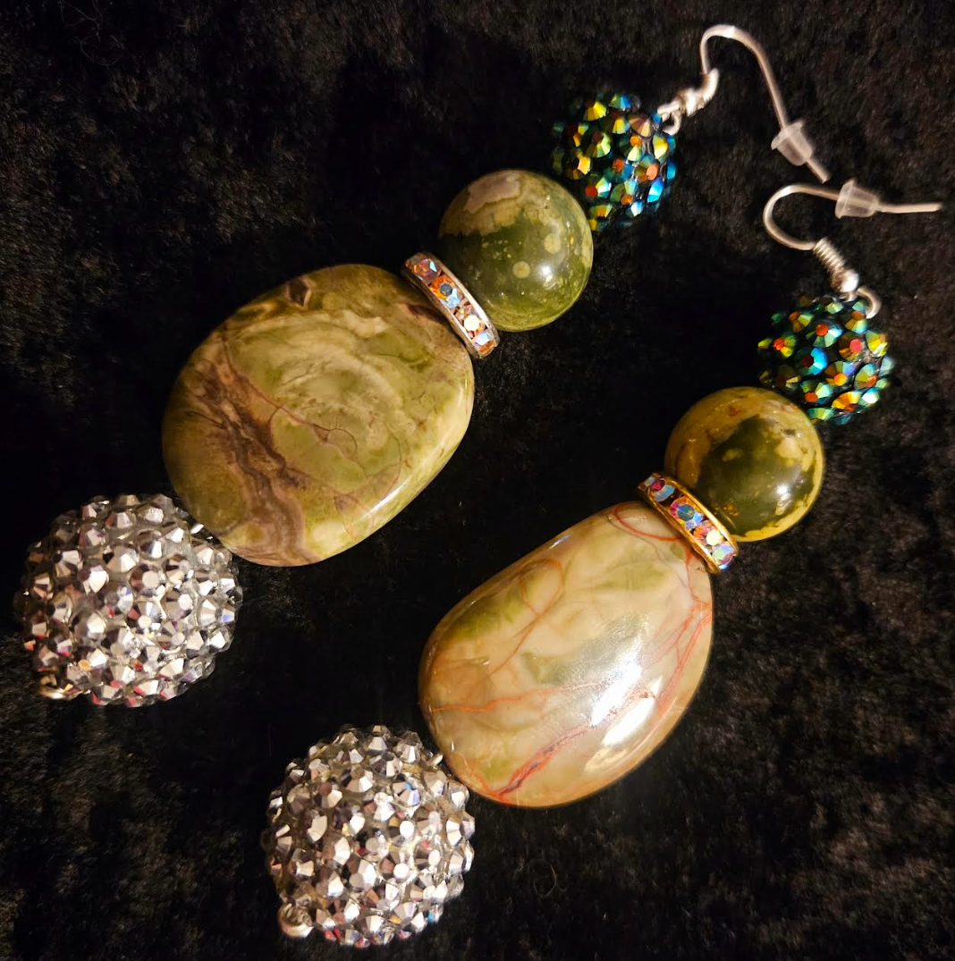 Rainforest Jasper & Faux Crystal Drop Pierced Earrings - Rhyolite Earth Tone Dangle Earrings - Kat Kouture Jewelry