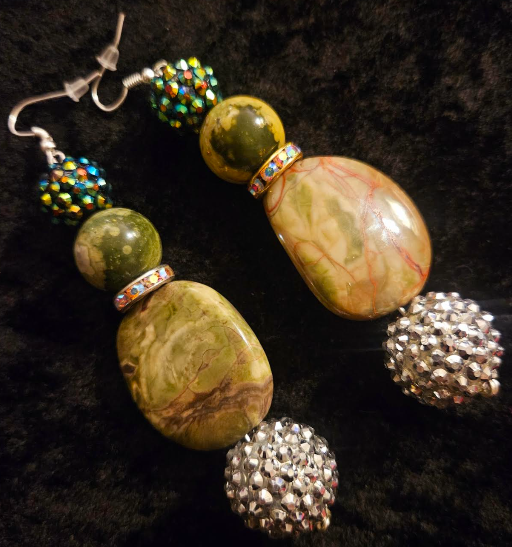 Rainforest Jasper & Faux Crystal Drop Pierced Earrings - Rhyolite Earth Tone Dangle Earrings - Kat Kouture Jewelry