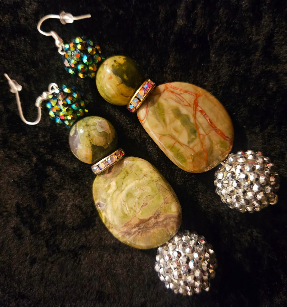 Rainforest Jasper & Faux Crystal Drop Pierced Earrings - Rhyolite Earth Tone Dangle Earrings - Kat Kouture Jewelry