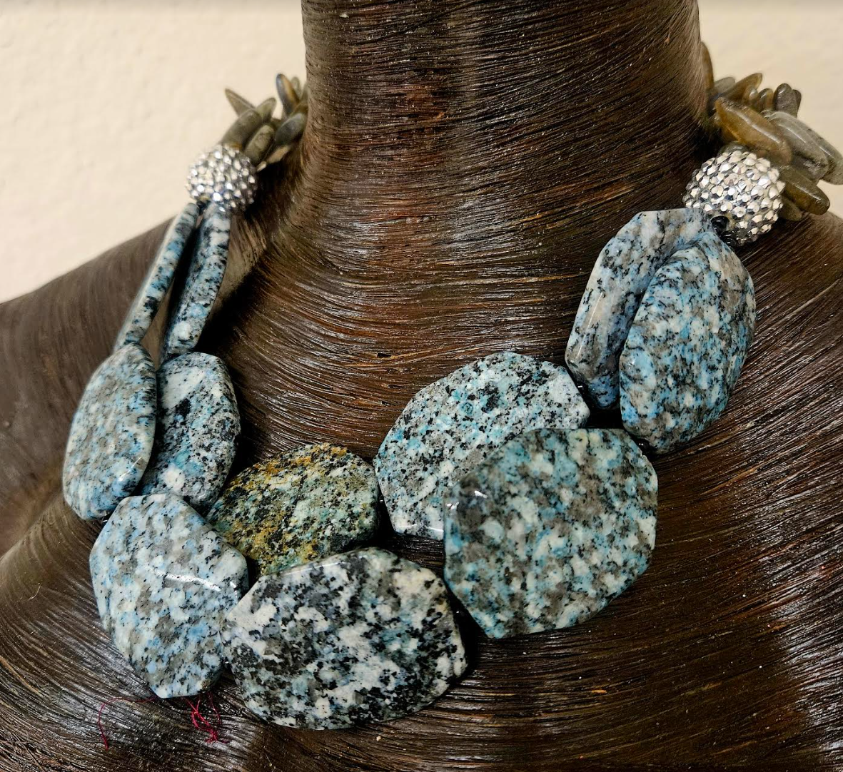 Jasper & Labradorite Multi Strand Statement Necklace - Blue Gray Brown & Black Gemstone Neck Candy -  Business Professional Venue Necklace - Kat Kouture Jewelry