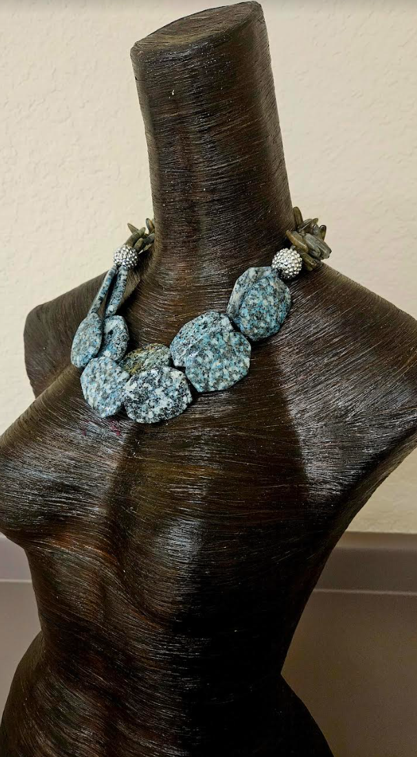 Jasper & Labradorite Multi Strand Statement Necklace - Blue Gray Brown & Black Gemstone Neck Candy -  Business Professional Venue Necklace - Kat Kouture Jewelry