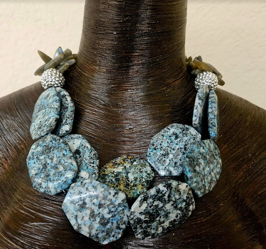 Jasper & Labradorite Multi Strand Statement Necklace - Blue Gray Brown & Black Gemstone Neck Candy -  Business Professional Venue Necklace - Kat Kouture Jewelry